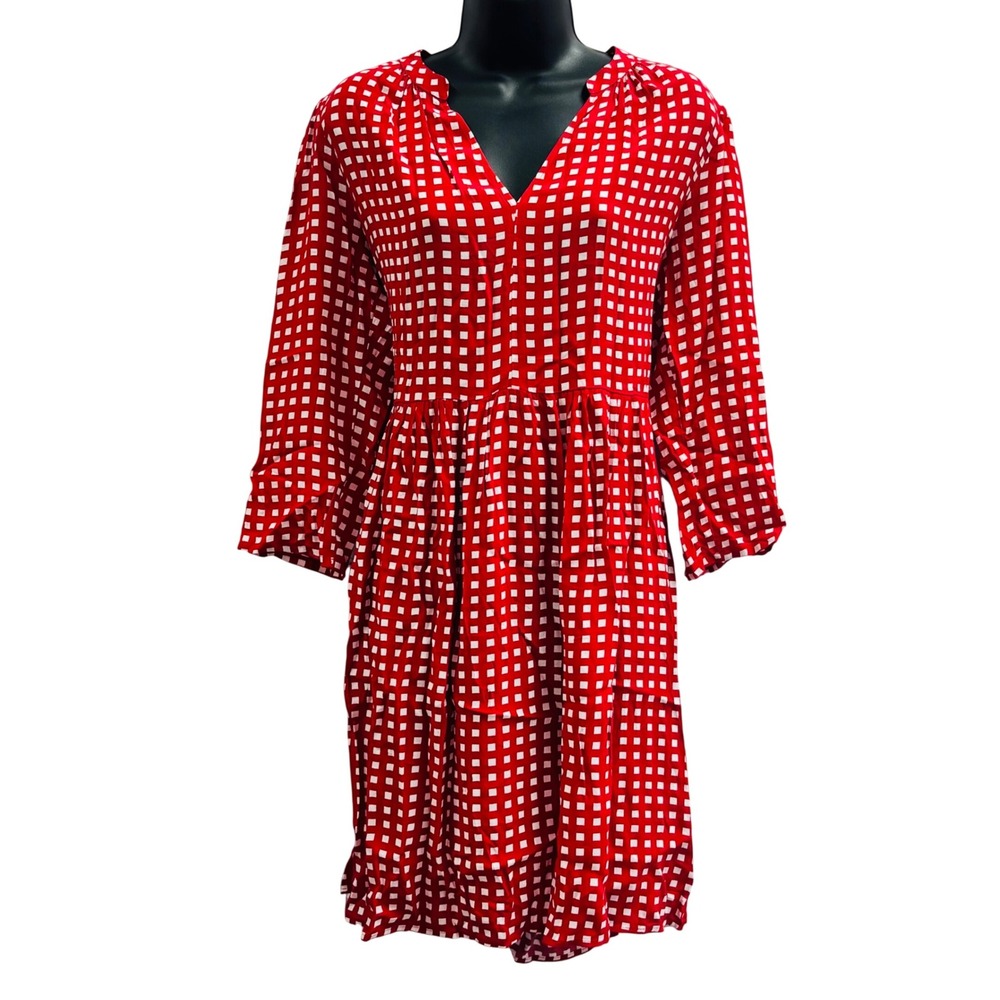 Maeve Anthropologie Red White Gingham V-Neck Relaxed Fit Dress Medium